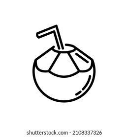 Coconut drink with straw thin line icon. Modern vector illustration of exotic beverage.