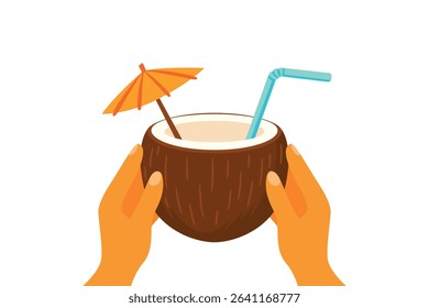 Coconut Drink with Straw and Umbrella in Hands. Tropical Summer Vector for Beach Cocktail, Coconut Water, Exotic Juice, Island Drink, Vacation Icon, Summer Party, Travel Clipart, Drink Design