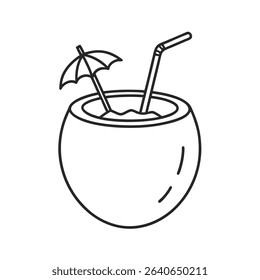 Coconut Drink with Straw and Umbrella Line Art Illustration
