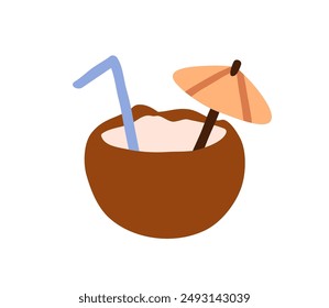 Coconut drink with straw and umbrella. Tropical summer cocktail, refreshing beverage. Exotic beach Hawaii water. Healthy sweet coco milk. Flat vector illustration isolated on white background