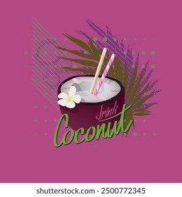 Coconut drink with straw and vanilla flower. Coconut cocktail, food and drink. Bright color background with comics elements, text. Vector Collage, Pop Art for business, print, t-shirt, poster, banner