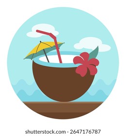 Coconut Drink with Straw vector icon. Beach. Summer. Summertime. Holiday. Vacation, eps 10
