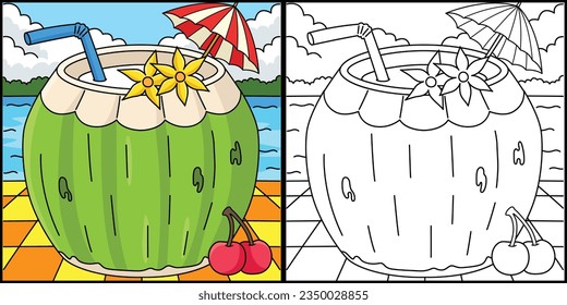 Coconut Drink Summer Coloring Page Illustration