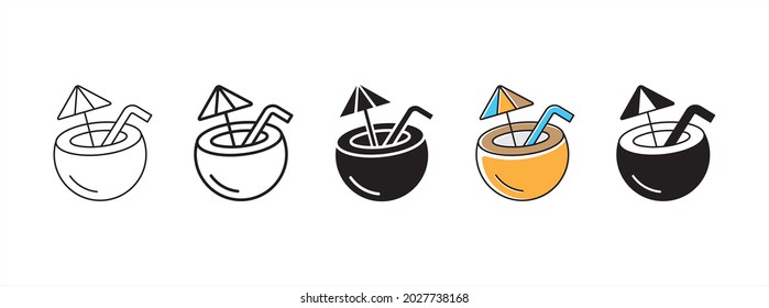 coconut drink summer icon vector set. coconut drink with umbrella and straw vector illustration set