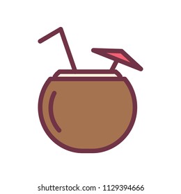 Coconut drink thin line icon. Vector illustration design for summer, beach and healthy lifestyle. Coconut water, milk, beverage with a straw and umbrella