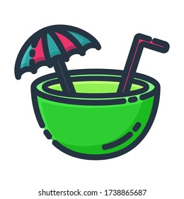 Icono del vector de bebidas de coco. Esquema del símbolo de vacaciones de verano