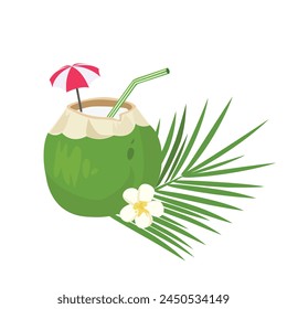 Coconut drink vector illustration. Coconut cocktail clip art. Hello summer vector. Summer element, summer drink. Cartoon flat vector isolated on white background.