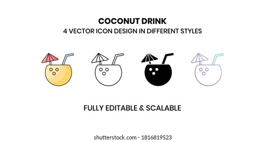 Bebida de coco Iconos de ilustración del vector con un estilo diferente