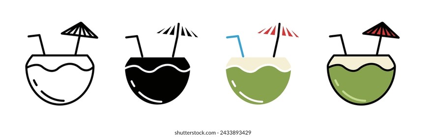 Coconut Drink Vector Illustration Set. Tropical Coconut Juice with Umbrella Sign suitable for apps and websites UI design style.