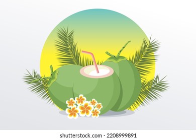Bebida de coco. Vector de coco. El coco está aislado. Ilustración de bebida fresca de coco verde joven