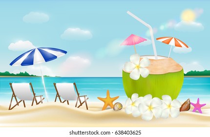 coconut drink water with beach chair on a sea sand beach