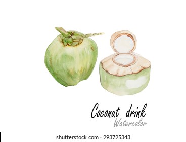 Coconut drink.Hand drawn watercolor painting on white background.Vector illustration