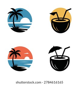 Coconut drinks and tropical beach scenes with palm trees and sunsets