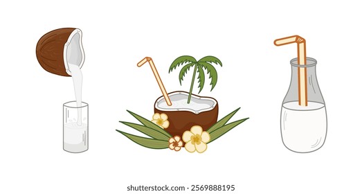 Coconut drinks with tropical leaves. Coconut water is being poured into a glass, bottle milk beside a coconut cocktail with green palm trees, creating tropical vibe. Isolated vector illustration.