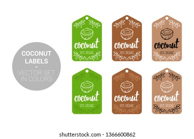 Coconut Eco labels vector set in green and brown colors. Cartoon Advertising hundred percent organic Stickers. Tropical Badges with Hand drawn coconut and little leaves ready for web and Print