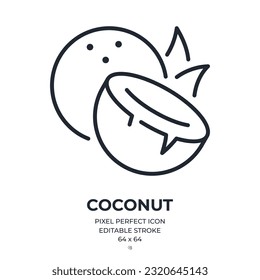 Coconut editable stroke outline icon isolated on white background flat vector illustration. Pixel perfect. 64 x 64.