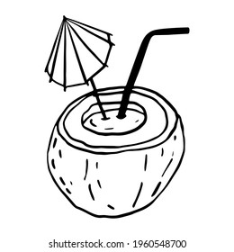 Coco exótico cóctel vectorial de mano dibujado. Dibujo de contorno negro aislado en fondo blanco, temática de playa de verano