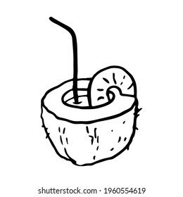 Coconut exotic cocktail vector hand drawn . Black outline drawing isolated on white background, summer beach theme
