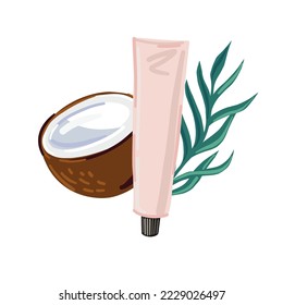 Crema facial de coco en tubo rosa. belleza vectorial e ilustración de moda. 