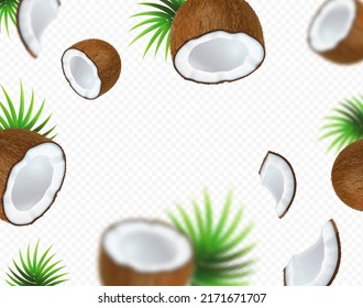 Coconut falling with green leaf. Natural fruit. Blurred coconut fall on transparent backgound.