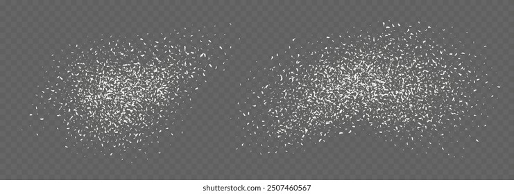 Coconut flakes, flying grated and desiccated coconut powder, dry scattered coco texture. Vector illustration.