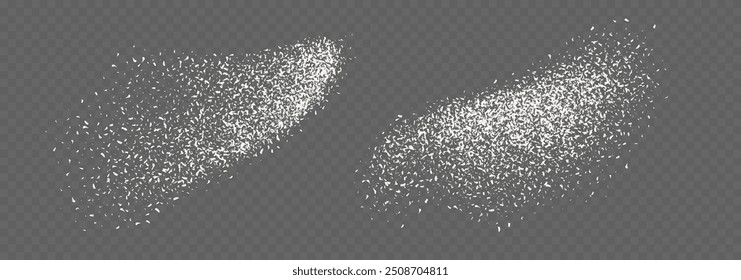 Coconut flakes, flying grated and desiccated coconut powder, dry scattered coco texture. Vector illustration.