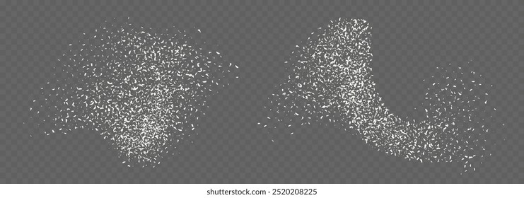 Flocos de coco, pó de coco ralado e dessecado voador, textura seca de coco disperso. Ilustração vetorial.