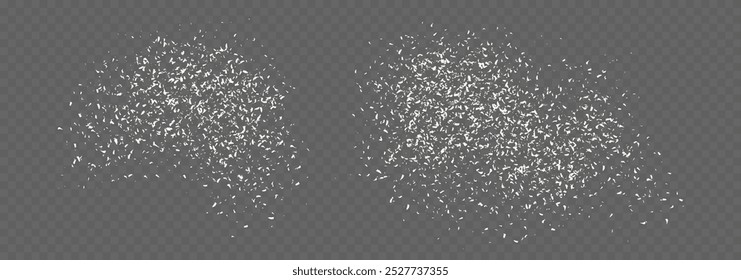 Kokosflocken, fliegendes geriebenes und getrocknetes Kokosnusspulver, trockene, verstreute Kokosstruktur. Vektorgrafik.