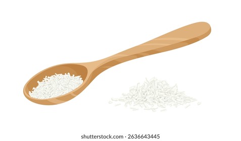 Coconut flakes in wooden spoon isolated on white background. Vector cartoon flat illustration.