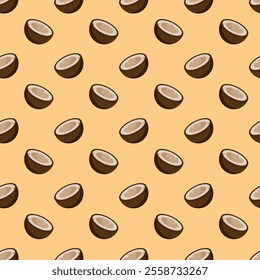Coconut flat seamless pattern on orange background. Wrapping paper, gift card, poster, banner design. Home decor, modern textile print. Summer bright geometric fruits patterned.