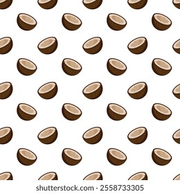 Coconut flat seamless pattern on white background. Wrapping paper, gift card, poster, banner design. Home decor, modern textile print. Summer bright geometric fruits patterned.
