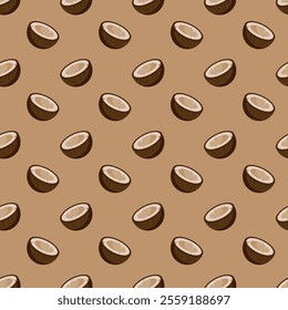 Coconut flat seamless pattern on brown background. Wrapping paper, gift card, poster, banner design. Home decor, modern textile print. Summer bright geometric fruits patterned.