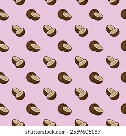 Coconut flat seamless pattern on pink background. Wrapping paper, gift card, poster, banner design. Home decor, modern textile print. Summer bright geometric fruits patterned.