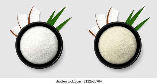 Coconut flour (or powder) in a black bowl with three coco pieces and palm leaves. Realistic vector illustration. Top view