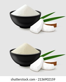 Coconut flour (or powder) in a black bowl with three coco pieces and palm leaves. Realistic vector illustration. Side view