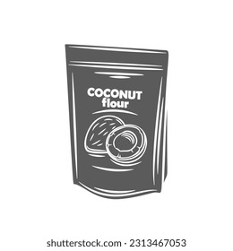 Coconut flour package glyph icon vector illustration. Stamp of fine shaved flakes and powder of coco fruit in packaging, natural coconut dry milk and healthy vegetarian food ingredient of bakery