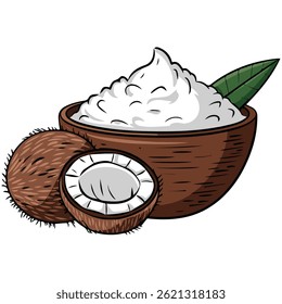 coconut flour seeds wooden bowl isolated vector illustration on white background