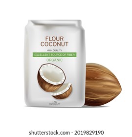Coconut flour vector realistic package. Product placement mock up detailed label design