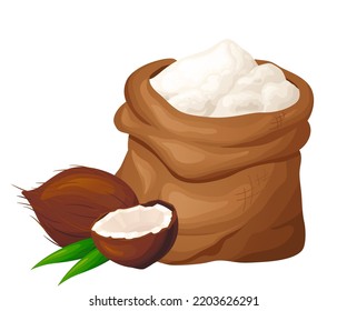 Coconut flour in wooden bowl with seeds. Healthy gluten free food. Powde in organic product. Vector illustration isolated on white background.