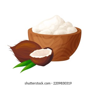 Coconut flour in wooden bowl with seeds. Healthy gluten free food. Powde in organic product. Vector illustration isolated on white background.