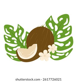 Coconut with coconut flowers and leaves illustration. Hand drawn coconut vector 