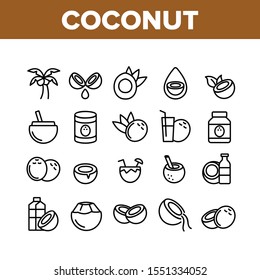 Coconut Food Collection Elements Icons Set Vector Thin Line. Coconut Milk And Oil, Tropical Palm And Drink, Beverage And Exotic Cocktail Concept Linear Pictograms. Monochrome Contour Illustrations