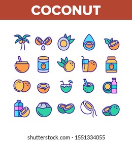 Coconut Food Collection Elements Icons Set Vector Thin Line. Coconut Milk And Oil, Tropical Palm And Drink, Beverage And Exotic Cocktail Concept Linear Pictograms. Color Contour Illustrations