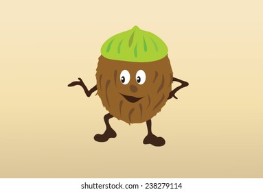 Coconut food, fun coconut cartoon, brown and green hat from its natural casing.