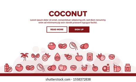 Coconut Food Landing Web Page Header Banner Template Vector. Coconut Milk And Oil, Tropical Palm And Drink, Beverage And Exotic Cocktail Illustration