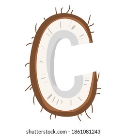 Coconut in a form of letter C - fruit lettering design. Vector illustration.