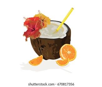 Coconut Fresh Cocktail Vector. Exotic tropical cocktail with flowers and orange isolated on a white background.