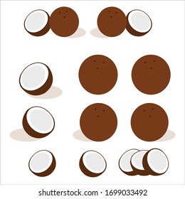 Coconut with fresh coconut shells. Set of coconut with leaves. Vector illustration. Set of exotic whole, half, cut slice coconut fruits and leaves.