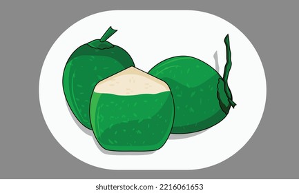 Kokosnuss, frisch, einzeln auf weißem Hintergrund, zur Hälfte geschnittene Kokosnuss für gesunde Speisekarte, Fruchtsaft, Kokosnuss-Konzept für Sommerfrüchte, grüne Kokosnuss für Clip-Art einfach