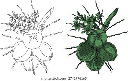 Coconut Fruit Bunch and Flower Vector. Vintage Engraving Style Tropical Plant.perfect for summer-themed designs, organic coconut oil labels, tropical juice packaging, and travel brochures.